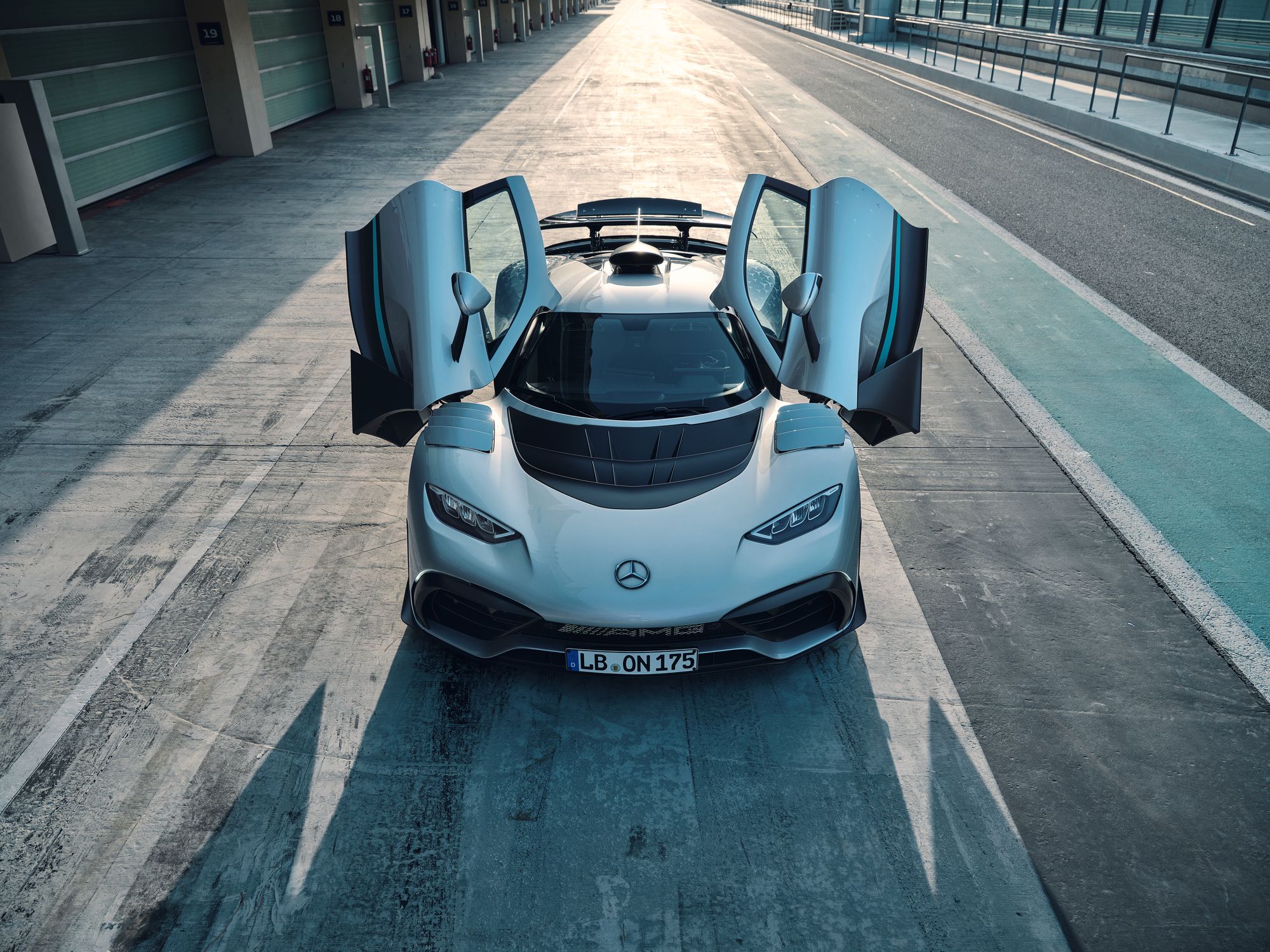front of Mercedes-AMG ONE in a pit lane from above