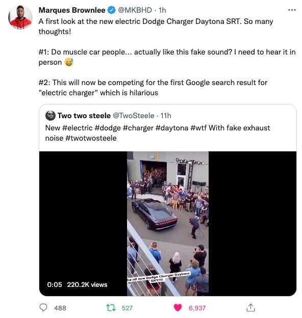 marques brownlee tweet about dodge electric charger