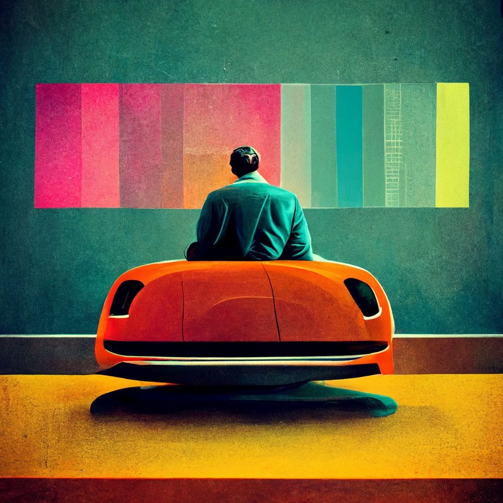 image generated from midjourney AI prompt; man sitting at a desk, cars on his screen, colorful, futuristic