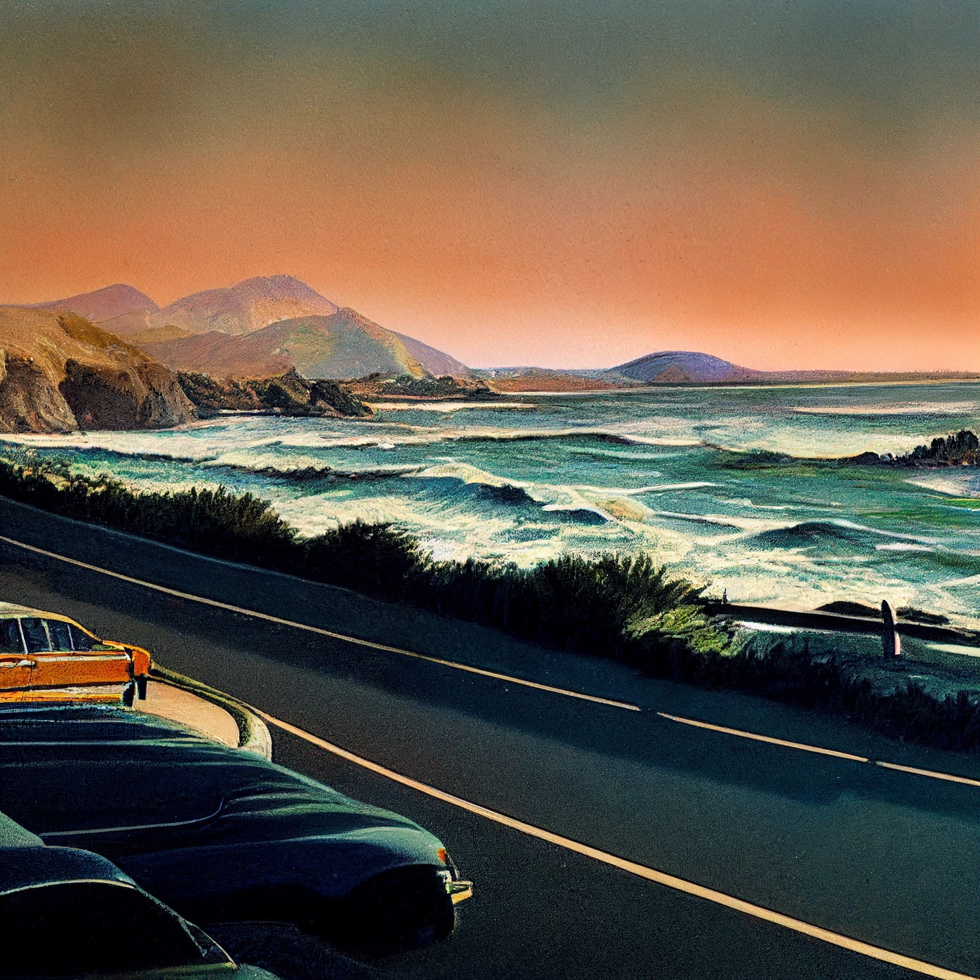image of midjourney AI prompt 'a postcard of California Highway 1'