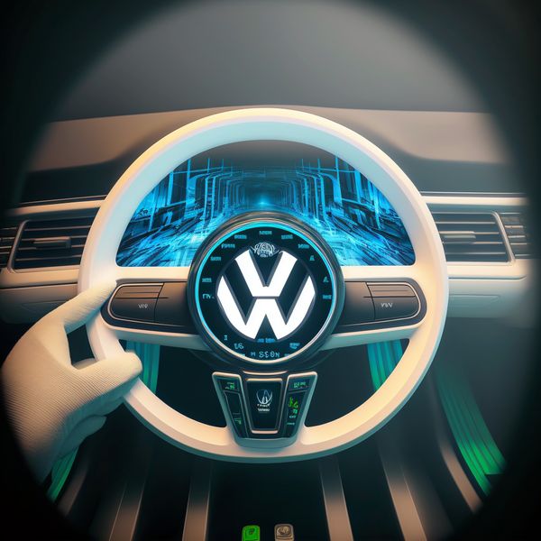 futuristic volkswagen steering wheel and screen, illuminated logo