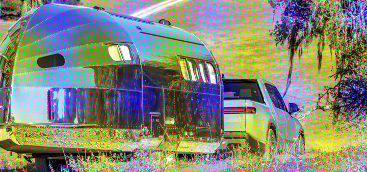 Rivian R1T towing a Bowlus Volterra